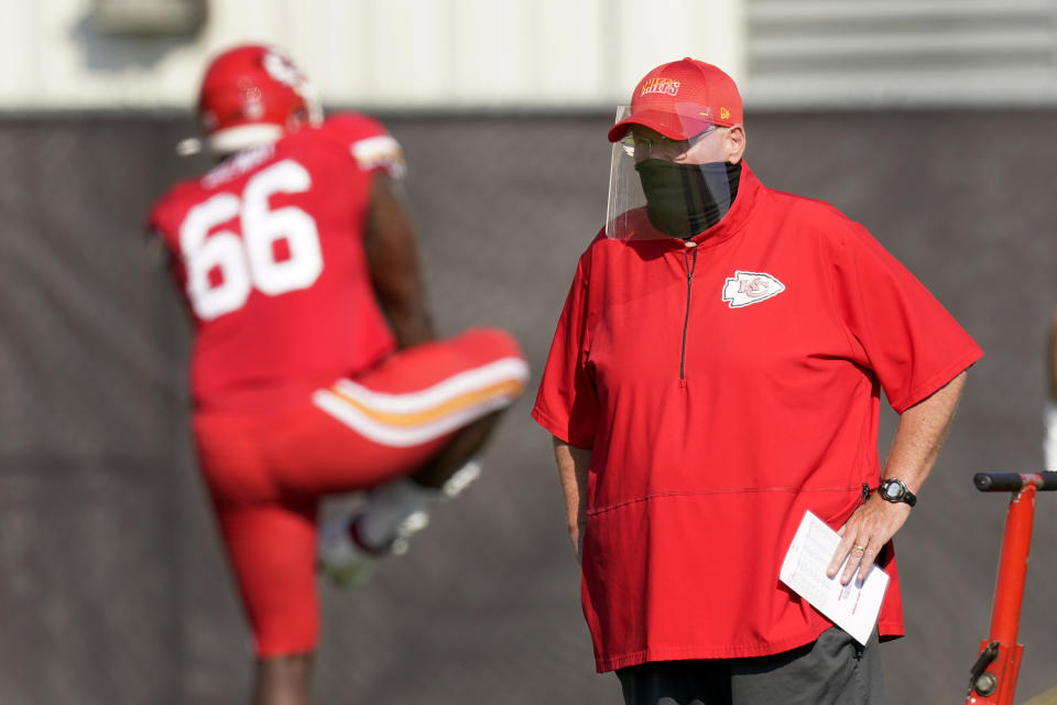 Kansas City Chiefs head coach Andy Reid watches during an NFL football training camp Friday, Aug. 14, 2020, in Kansas City, Mo. (AP Photo/Charlie Riedel)
