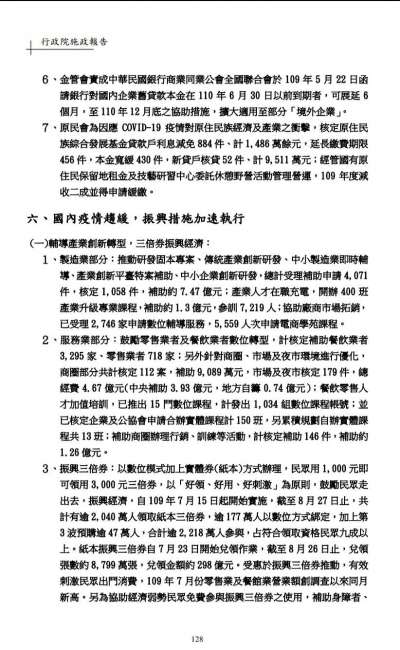 圖說：行政院22日向立院送交的施政報告寫到，「振興三倍券」到第2波共2217萬人參與，僅177萬人（約8%）以數位方式綁定領取。（取自行政院施政報告）.jpg