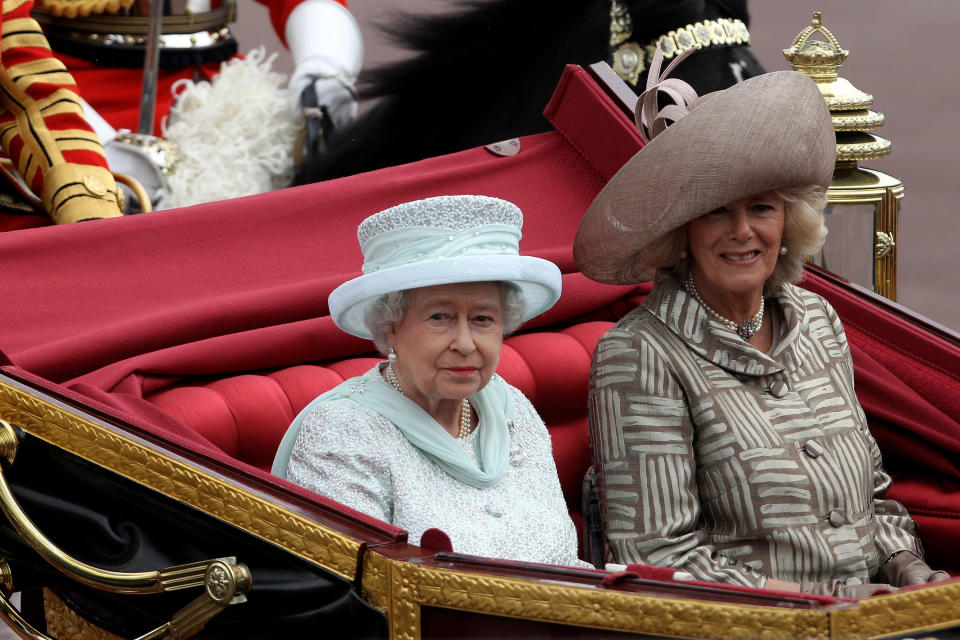 Queen Elizabeth II and Camilla, Duchess of Cornwall, take in the crowds after the service of thanksgiving held at St Paul's Cathedral.