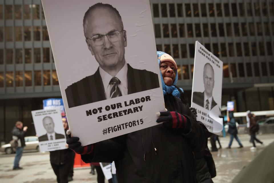 Fast-food workers protest Trump’s nominee to head the Labor Dept., Andrew Puzder. Source: Getty Images