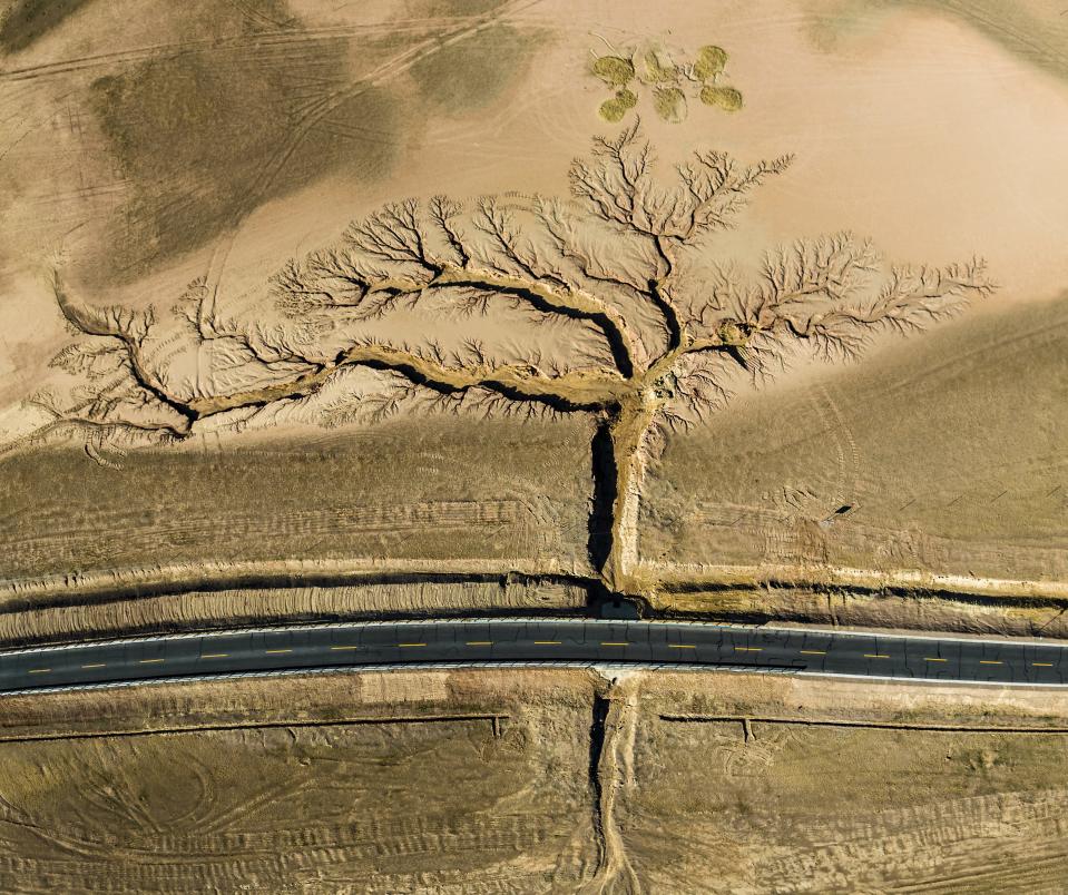 Li Ping of China captured a drone's eye view of a lonely highway in Tibet, bordered on each side by gullies extending outward in the shape of a tree. Ping slept in a roadside parking lot overnight to get this striking early morning shot.