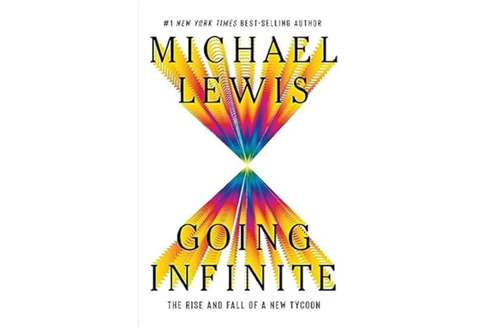 The cover of the book Going Infinite has geometric rainbows around the letters of the title. 