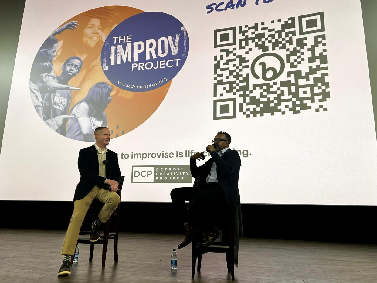 Marc Evan Jackson and Tim Meadows answer questions from the audience during the Q&A segment following of a "Mean Girls" charity screening on Saturday, March 30, 2024, at Emagine Theater in Royal Oak.