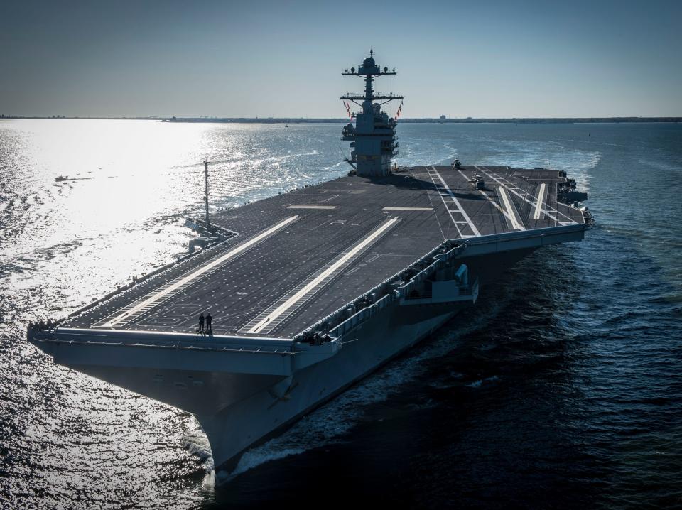 The USS Gerald R. Ford (CVN 78) is seen underway on its own power for the first time on April 8, 2017 in Newport News, Virginia