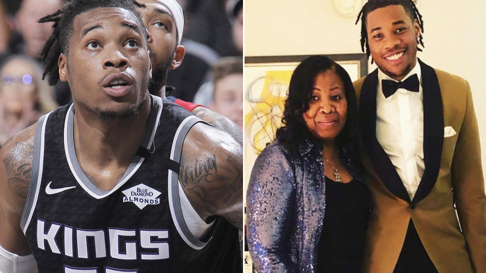 A 50-50 split image shows Richaun Holmes playing for Sacramento on the left, and an Instagram shot of him and his mother Lydecia on the right.