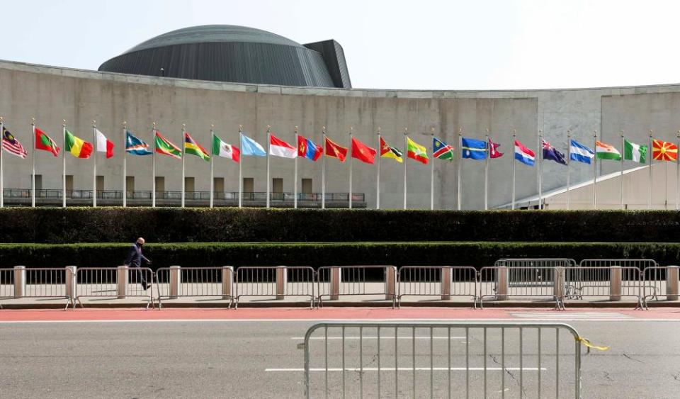 Flags outside of the general assembly hall at UN headquarters in New York.