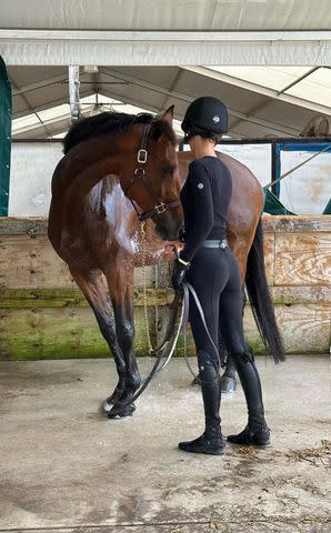 <p>Bella Hadid/Instagram</p> Bella Hadid with a horse at Wellington International in Wellington, Florida.