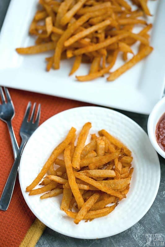 <p>Low Carb Yum</p><p>Keto fries. Is there really such a thing as low-carb french fries? The good news is there are great options like jicama fries that are a great alternative to the real thing!</p><p><strong>Get the recipe: </strong><a href="https://lowcarbyum.com/jicama-fries/" rel="nofollow noopener" target="_blank" data-ylk="slk:Keto Jicama Fries;elm:context_link;itc:0;sec:content-canvas" class="link "><strong>Keto Jicama Fries</strong></a></p>