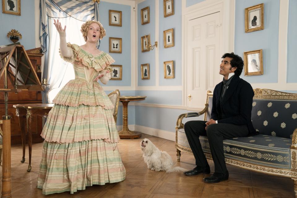 A blue-and-white color palette forms the backdrop for the Regency-style townhouse of Copperfield’s (Dev Patel) love interest Dora Spenlow (Morfydd Clark).