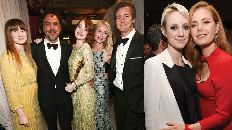 Birdman’s Riseborough, Alejandro G. Inarritu, Emma Stone, Naomi Watts and Edward Norton. Right Riseborough with Nocturnal Animals co-star Amy Adams.