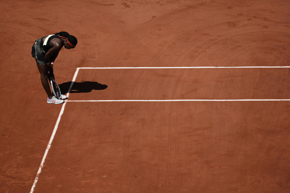 United States's Coco Gauff reacts on the court as she plays Czech Republic's Barbora Krejcikova during their quarterfinal match of the French Open tennis tournament at the Roland Garros stadium Wednesday, June 9, 2021 in Paris. (AP Photo/Thibault Camus)
