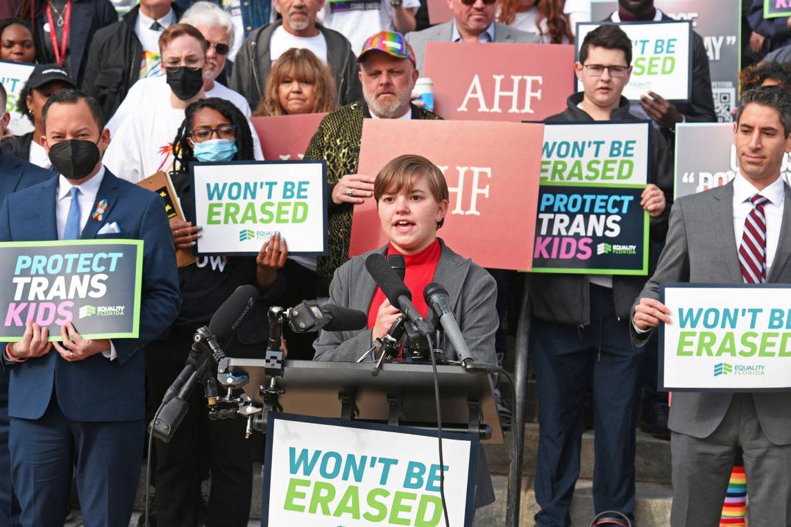Student activist Kaylee Sandell speaks at a press conference at the Florida Capitol, hosted by Equality Florida, AIDS Healthcare Foundation and the Human Rights Campaign in opposition of Parental Rights In Education Bill on Tuesday, February 15, 2022, in Tallahassee, Fla.