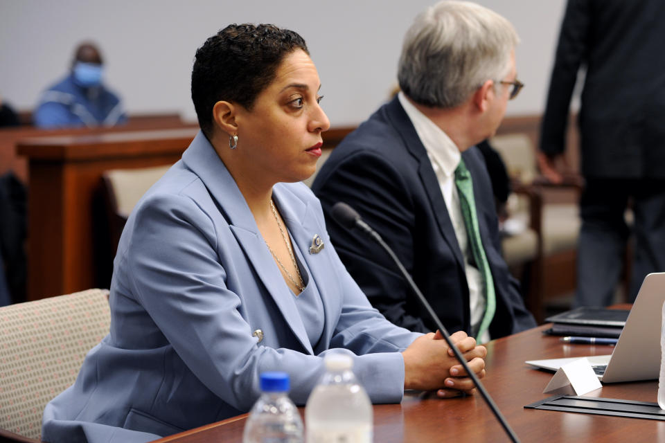 FILE - St. Louis Circuit Attorney Kim Gardner appears at her disciplinary hearing on April 11, 2022, in St. Louis. Missouri Attorney General Eric Schmitt asked a judge on Thursday, Dec. 8, 2022 to sanction Gardner, accusing her of concealing evidence in her effort to vacate the conviction for a man who has spent nearly 30 years in prison for murder. (AP Photo/T.L. Witt, Pool via Missouri Lawyers Media, File)