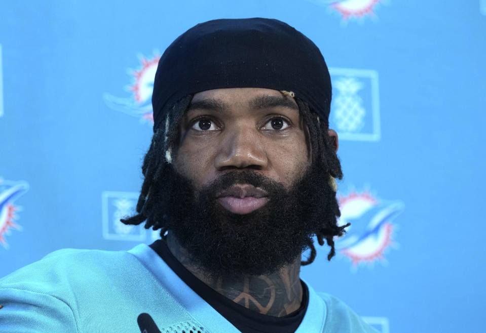 Miami Dolphins cornerback Xavien Howard speaks to the media after a practice session in Frankfurt, Germany, Wednesday, Nov. 1, 2023. The Miami Dolphins are set to play the Kansas City Chiefs in a NFL game in Frankfurt on Sunday Nov. 5, 2023. (AP Photo/Michael Probst)