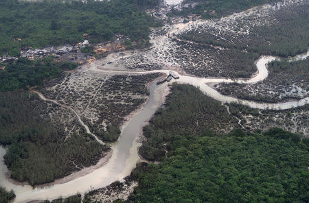 An overview of the Niger delta where signs of oil spills can be seen in the water in Port Harcourt, Nigeria August 1, 2018. Picture taken August 1, 2018. REUTERS/Ron Bousso