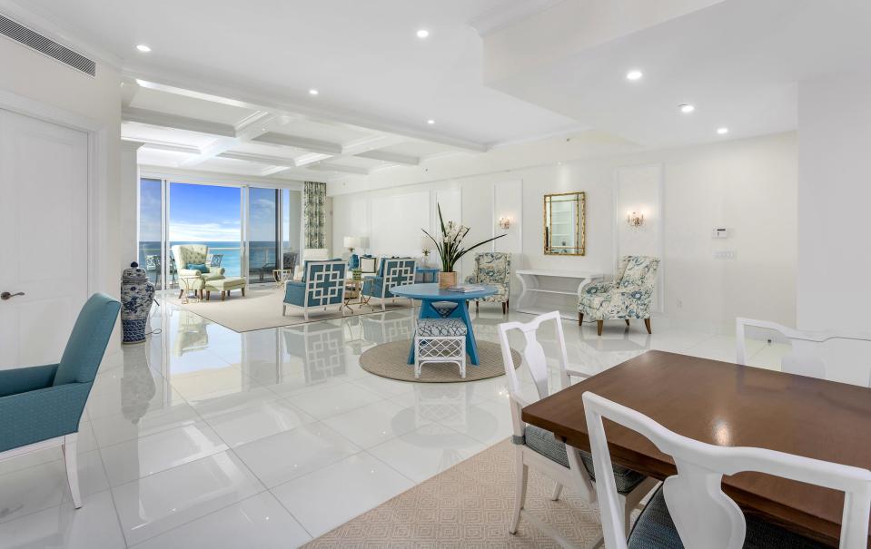 Condominium No. 507 at Palm Beach’s Bellaria offers ocean views from the formal dining space straight through to the living area. The three-bedroom unit is priced, furnished, at $8.295 million.