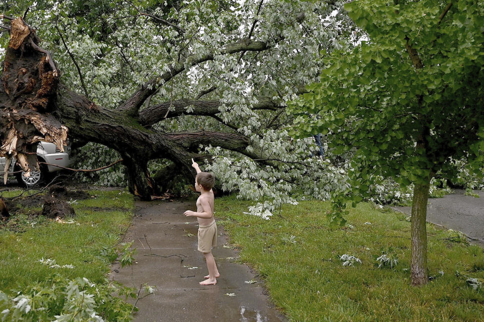 Trebor Stapleton points to the tree that once stood in his family's front yard after high winds moved through Terre Haute, Ind., on Thursday, June 29, 2023. Utility crews were scrambling Friday to restore electricity after a storm front moved across Illinois and Indiana on Thursday packing winds topping 70 miles an hour at times. (Joseph C. Garza/The Tribune-Star via AP)