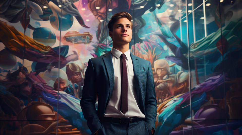 A young man in front of a mural of financial services, representing the new generation of investors.