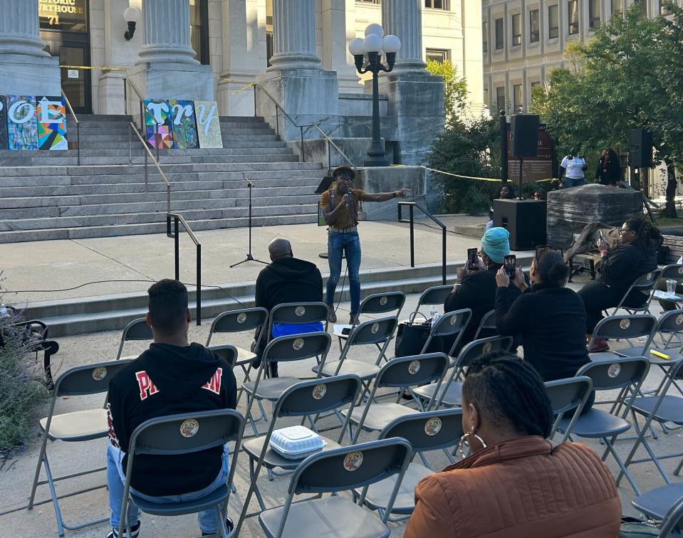 Rashad Wright performs at the Paterson Poetry Festival on Friday, Oct. 13, 2023.