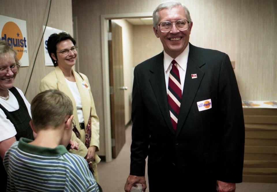 Gov. Don Sundquist, right, greets some of his supporters at his re-election campaign headquarters in the 1808 West End building to watches returns after the Election polls close on Aug. 6, 1998.