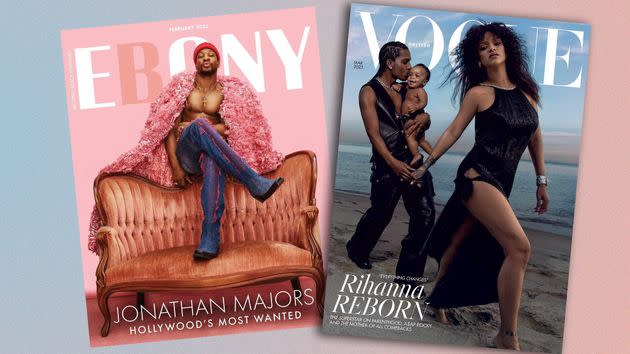 Jonathan Majors on the February 2023 cover of Ebony magazine and Rihanna and A$AP Rocky on the March 2023 cover of British Vogue.