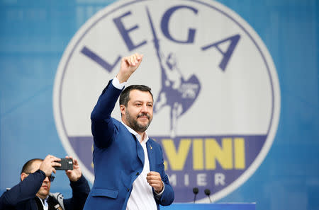 Italy's Deputy Prime Minister Matteo Salvini attends a major rally of European nationalist and far-right parties ahead of EU parliamentary elections in Milan, Italy May 18, 2019. REUTERS/Alessandro Garofalo
