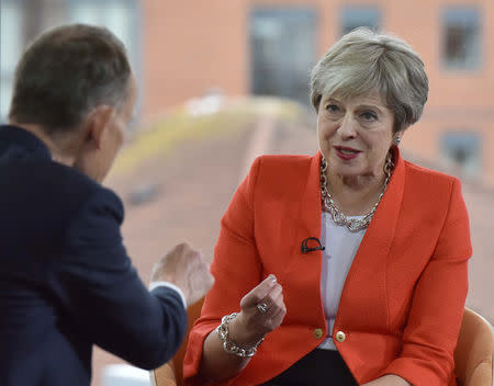 Britain's Prime Minister, Theresa May, appears on the BBC's Andrew Marr Show, in Birmingham, Britain September 30, 2018. Jeff Overs/BBC/Handout via REUTERS