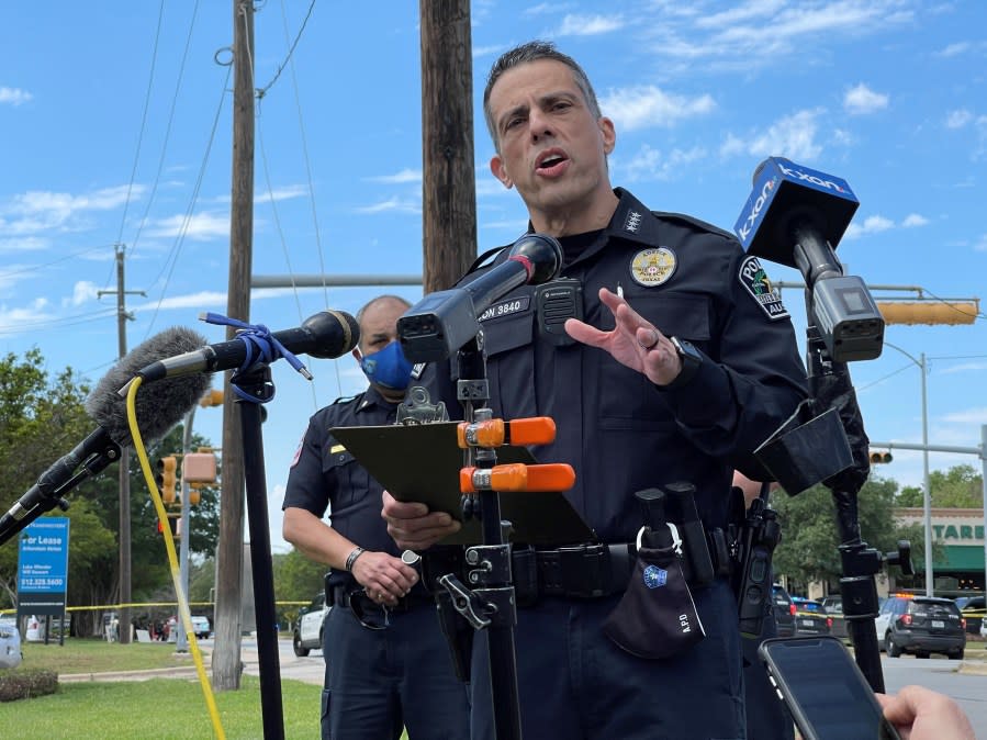 FILE: APD Interim Chief Joseph Chacon gives an update at the scene of a triple shooting in northwest Austin in the Arboretum area on April 18, 2021. (KXAN Photo)