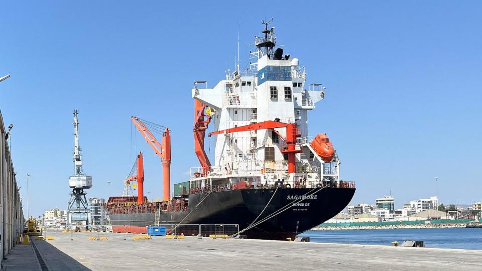 PHOTO: The U.S.-flagged container ship MV Sagamore in Cyprus. The ship is being used by the US military to transport humanitarian aid into Gaza. (Fogbow)