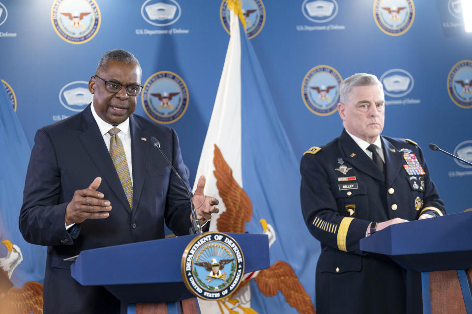 Defense Secretary Lloyd Austin and Chairman of the Joint Chiefs of Staff Gen. Mark Milley hold a press briefing at the Pentagon on Thursday, May 25, 2023 in Washington. (AP Photo/Kevin Wolf)