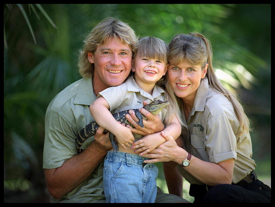 'Crocodile Hunter' Steve Irwin with his wife Terri Irwin, and daughter Bindi Irwin, and a baby crocodile at Australia Zoo in Queensland