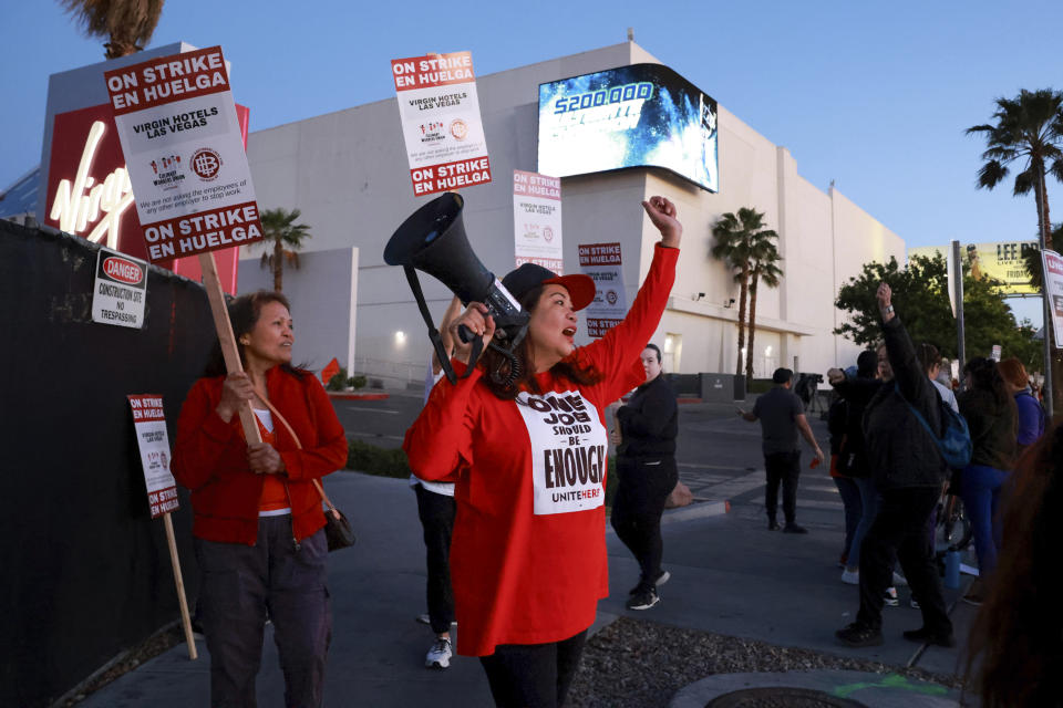 Culinary Local 226 members picket at the start of a 48 hour strike at Virgin Hotels in Las Vegas, Friday, May 10, 2024. About 700 workers walked off the job at a hotel-casino just off the Las Vegas Strip Friday morning in what union organizers said would be a 48-hour strike after spending months trying to reach a deal for new 5-year contract with Virgin Hotels. (K.M. Cannon/Las Vegas Review-Journal via AP)