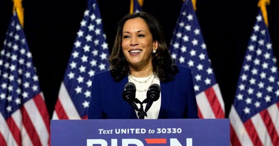 <p>Sen. Kamala Harris, D-Calif., speaks after Democratic presidential candidate former Vice President Joe Biden introduced her as his running mate during a campaign event at Alexis Dupont High School in Wilmington, Del., Wednesday, Aug. 12, 2020. (AP Photo/Carolyn Kaster)</p>
