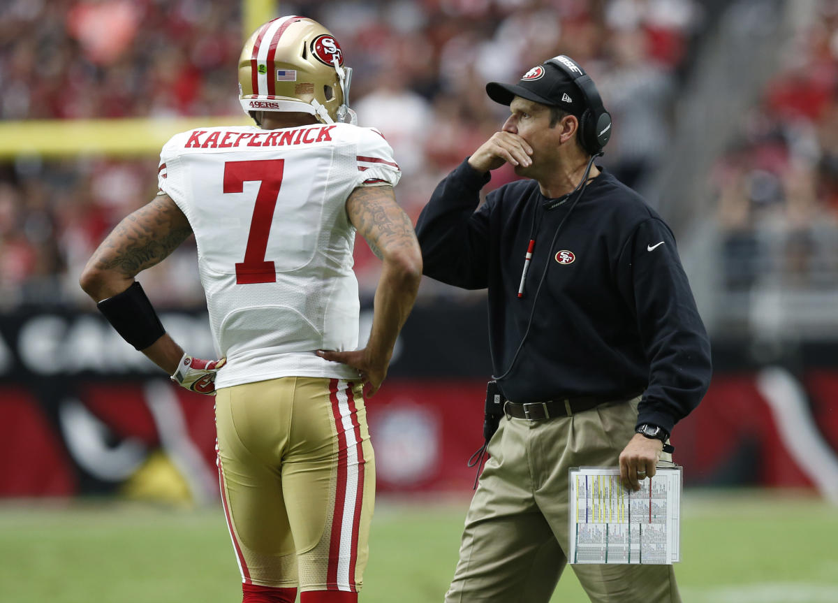 Jim Harbaugh rocks Colin Kaepernick jersey at Sacramento-area camp