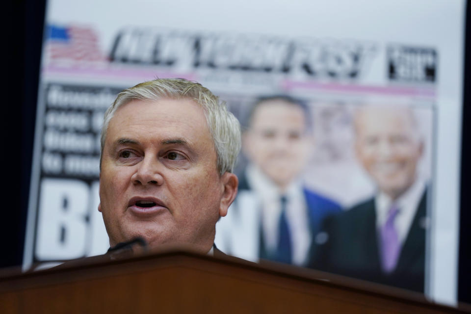 FILE - House Oversight and Accountability Committee Chairman James Comer, R-Ky., speaks during a House Committee on Oversight and Accountability hearing on Capitol Hill, Feb. 8, 2023, in Washington. House Republicans kicked off an investigation Monday into the origins of COVID-19 by issuing a series of letters to current and former Biden administration officials for documents and testimony. Comer, chairman of the Oversight committee, said that Republicans will “follow the facts” and "hold U.S. government officials that took part in any sort of cover-up accountable.” (AP Photo/Carolyn Kaster, File)