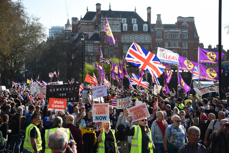 March to Leave’ demonstrators were among several protests outside the House of Parliament on Friday – the day Britain was originally meant to leave the European Union. (PA)