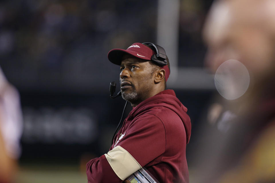 Florida State coach Willie Taggart watches his team play Wake Forest during the first half of an NCAA college football game in Winston-Salem, N.C., Saturday, Oct. 19, 2019. Wake Forest won 22-20. (AP Photo/Nell Redmond)