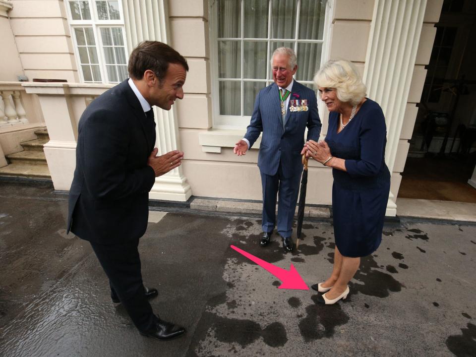 Camilla, then Duchess of Cornwall, welcomes French president Emmanuel Macron wearing shoes by French designer Chanel.