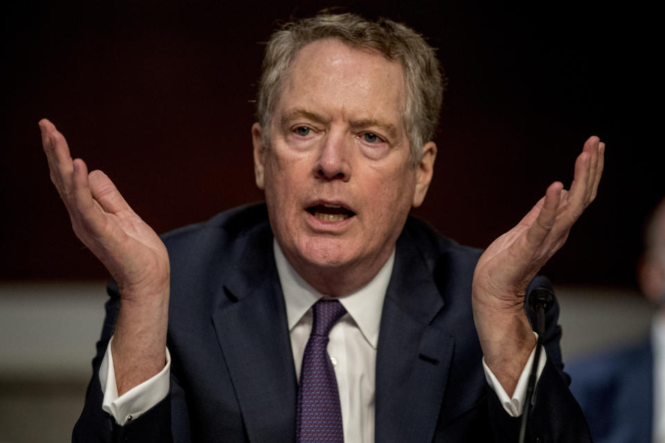 U.S. Trade Representative Robert Lighthizer speaks at a Senate Finance Committee hearing on U.S. trade on Capitol Hill, Wednesday, June 17, 2020, in Washington. (AP Photo/Andrew Harnik, Pool)