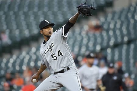 Apr 24, 2019; Baltimore, MD, USA; Chicago White Sox starting pitcher Ervin Santana (54) delivers a pitch during the first inning against the Baltimore Orioles at Oriole Park at Camden Yards. Mandatory Credit: Tommy Gilligan-USA TODAY Sports