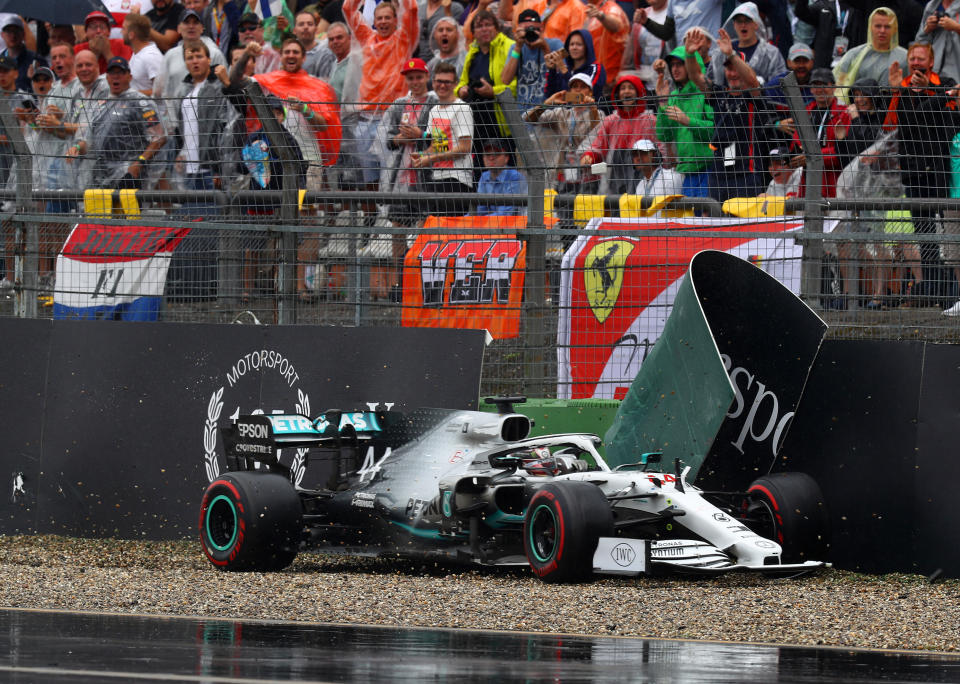 Lewis Hamilton crashes during the German Grand Prix. (Photo by Mark Thompson/Getty Images)