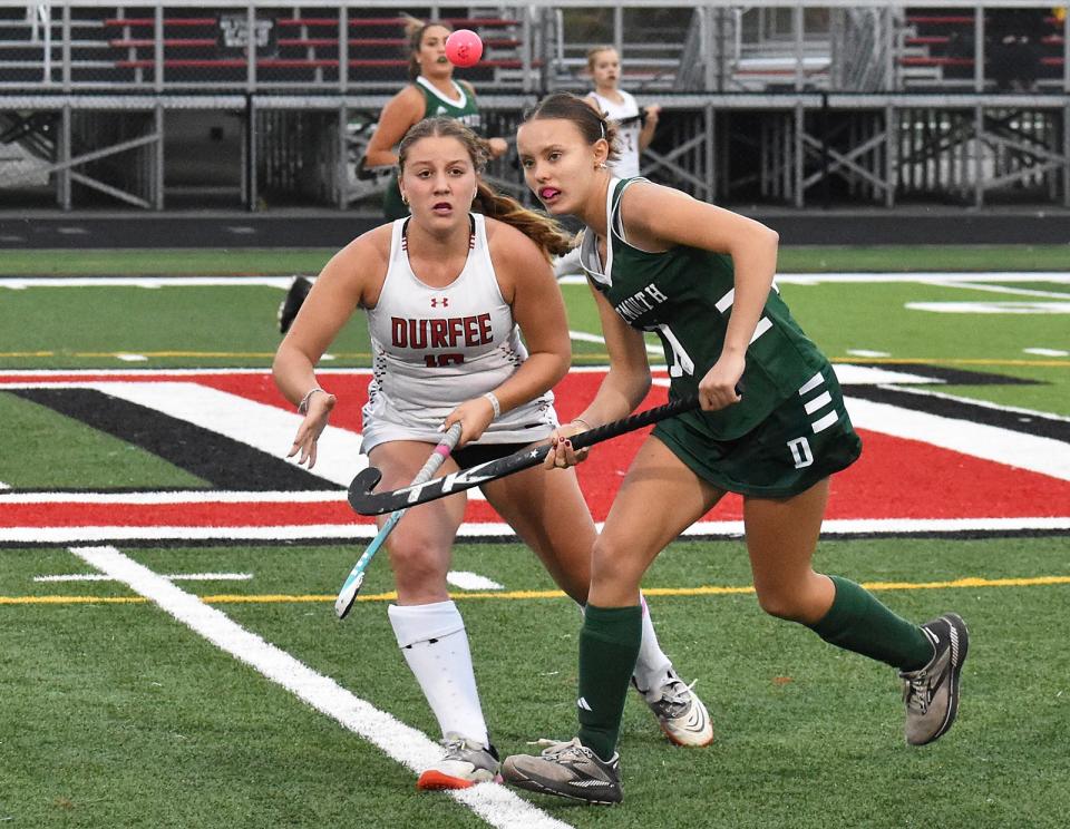Durfee's Julia Caron and Dartmouth's Kacey Curran watch the ball during Wednesday's Southeast Conference matchup at B.M.C. Durfee High School October 18, 2023