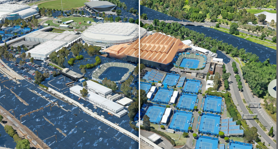 Melbourne&#39;s tennis centre by the Yarra River at a 3 degrees temperature rise verses 1.5 degrees. Source: Climate Central