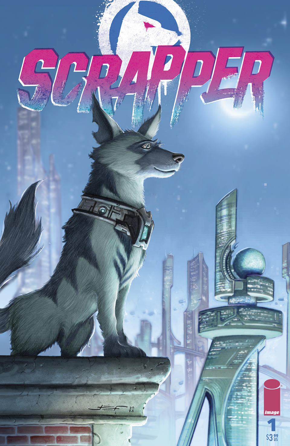 A dog looks out over a futuristic city.