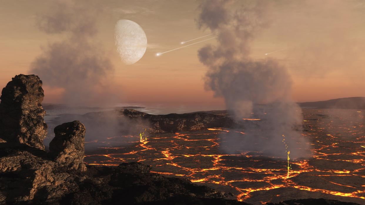 The early atmospheres of rocky planets are thought to form mostly from gases released from the surface of the planet as a result of the intense heating during the accretion of planetary building blocks and later volcanic activity early in the planet's development (Dan Durda/Southwest Research Institute)