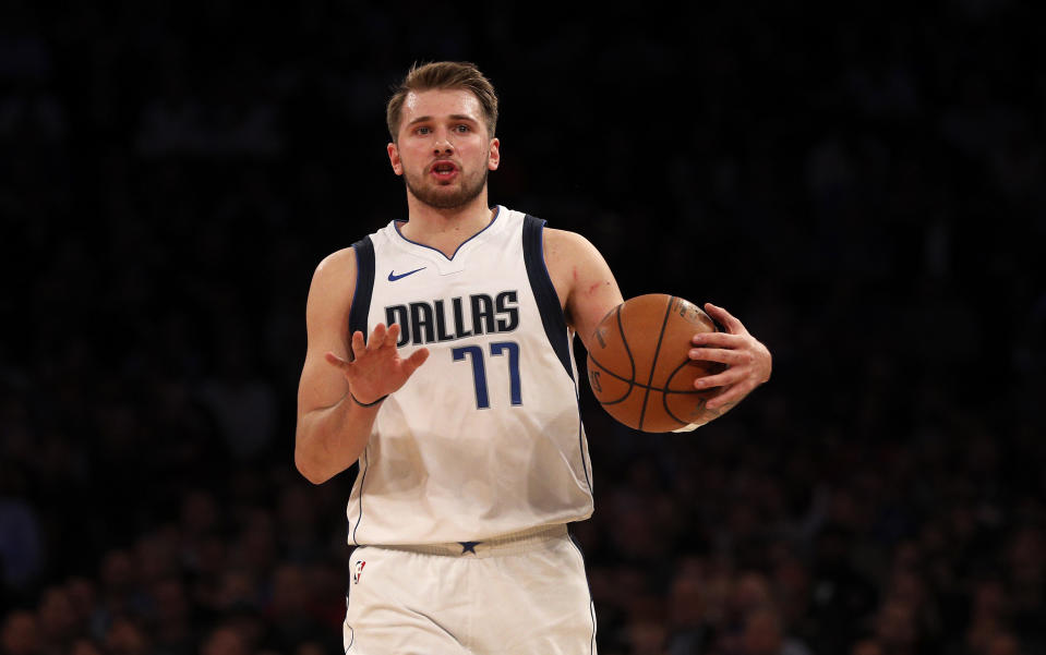 Luka Doncic #77 of the Dallas Mavericks in action against the New York Knicks