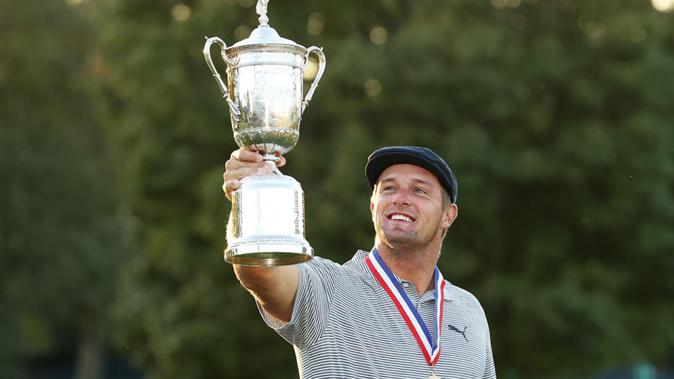 Bryson DeChambeau celebrates with the championship trophy after winning the 120th U.S. Open Championship on September 20, 2020 at Winged Foot Golf Club in Mamaroneck, New York. (Photo by Gregory Shamus/Getty Images)