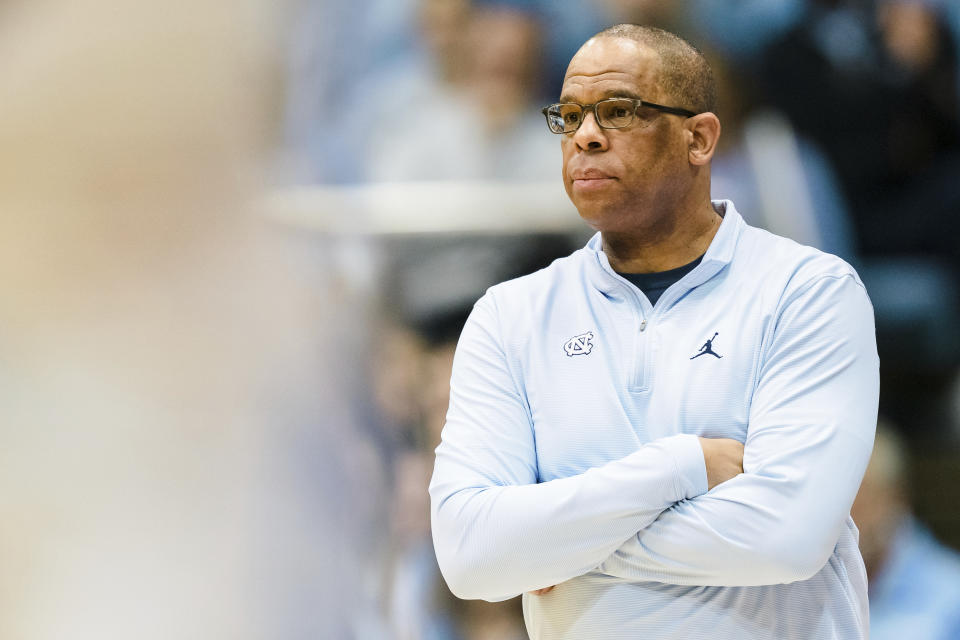 North Carolina head coach Hubert Davis looks on during the first half of an NCAA college basketball game against Notre Dame on Saturday, Jan. 7, 2023, in Chapel Hill, N.C. (AP Photo/Jacob Kupferman)