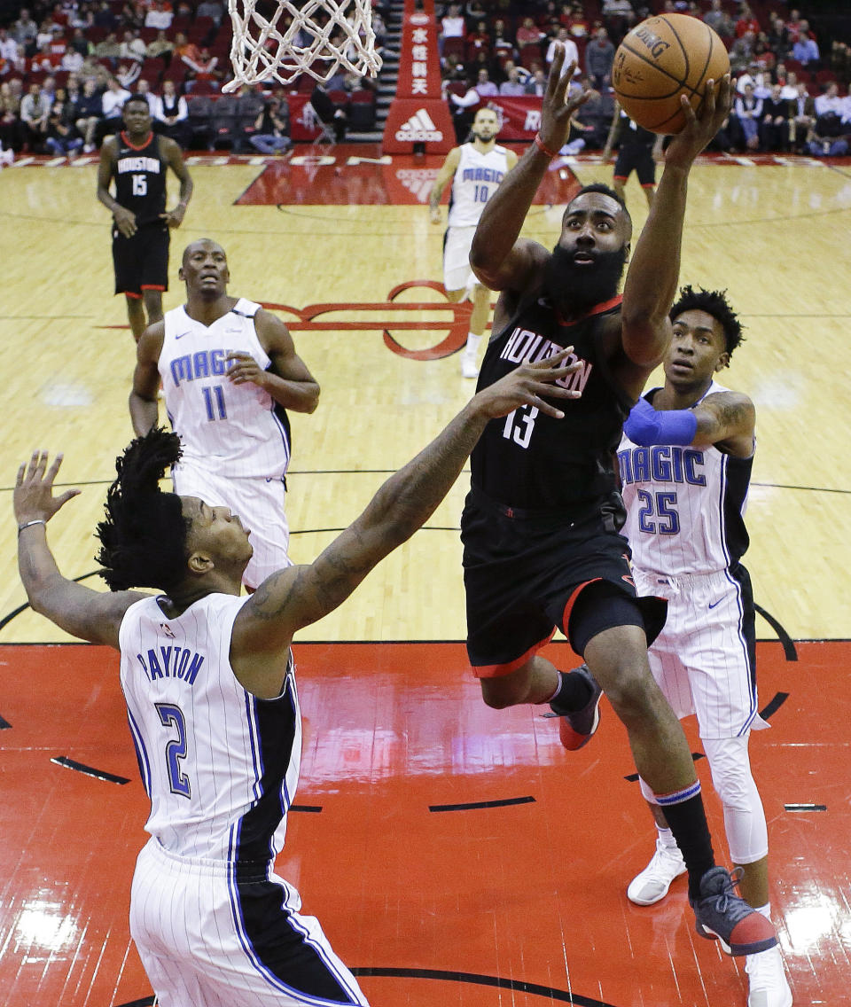 Everybody in a Magic uniform had eyes on James Harden on Tuesday night. None of them could stop him. (AP)