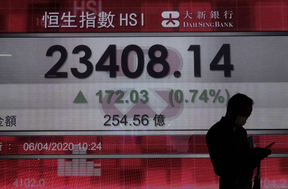 A man wearing face mask walks past a bank electronic board showing the Hong Kong share index in Hong Kong, Monday, April 6, 2020. Asian shares and U.S. futures have rebounded as investors grasped at threads of hope that the battle against the coronavirus pandemic may be making some progress in some hard-hit areas.(AP Photo/Vincent Yu)